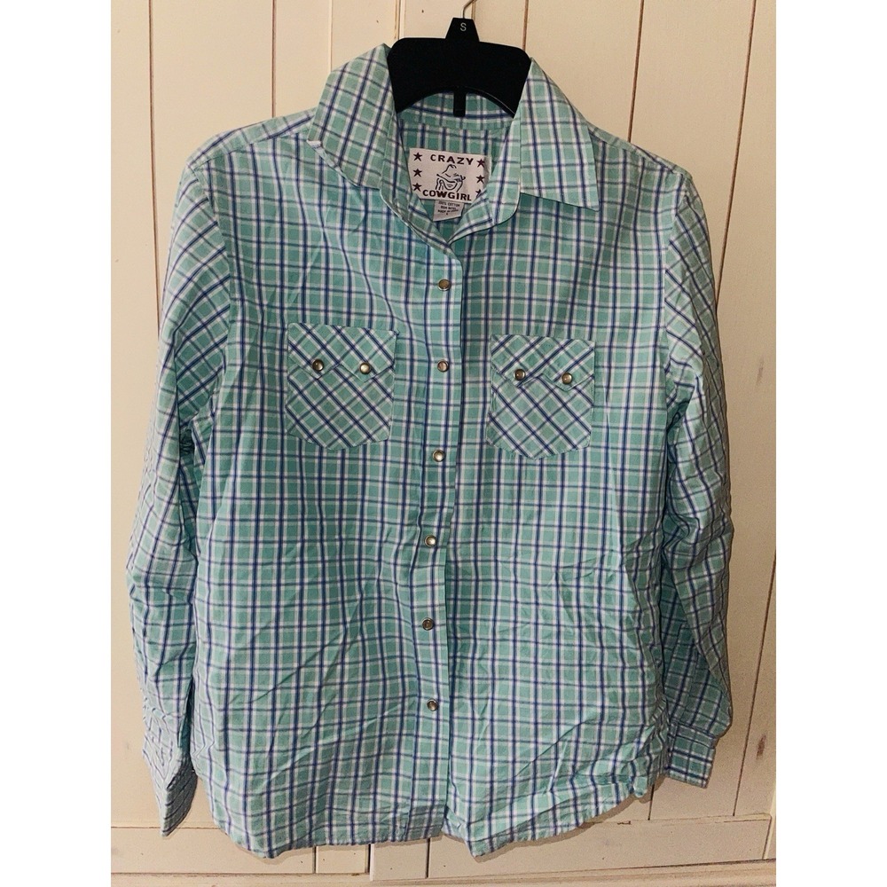 Crazy Cowgirl Western Pearl Snap Print Snap Button Up Shirt Long Sleeves Plaid L